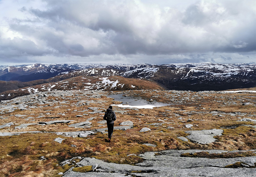 Ifrå toppen av Stølsfjellet 670 moh og vidare på veg mot neste fjellmål i front; Bårdsfjellet 579 moh ifølge Peakbooknåla på kartet. 