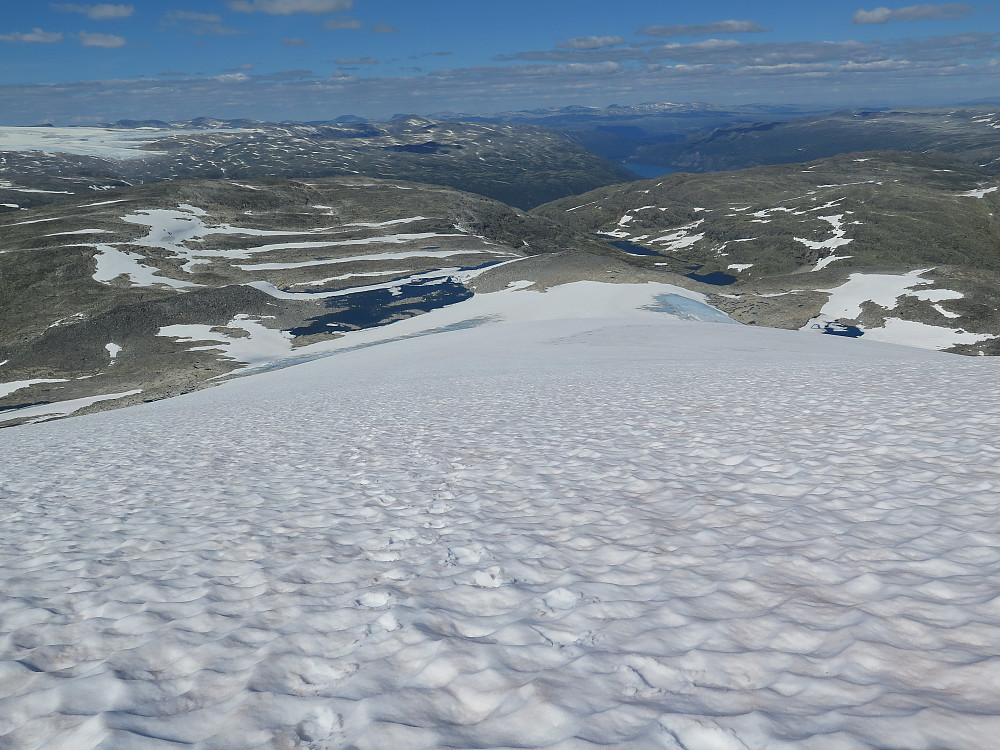 Snø og bre ryggen på Rivenoskulen 1943 moh Det som ser ut til å vere ein flat haug til venstre i bildet er Syrttbytnosi 1700 moh 