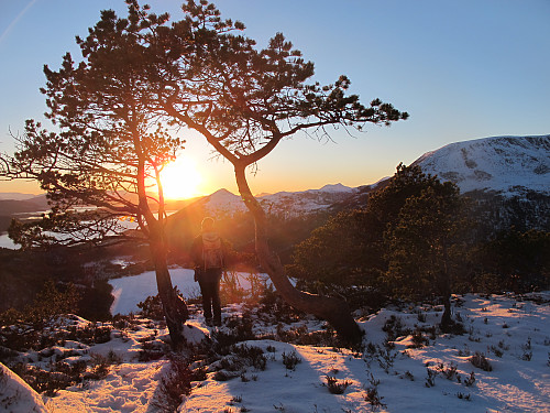 Nydeleg solnedgang og blikkstille dag frå Grøtshornet 663 moh 