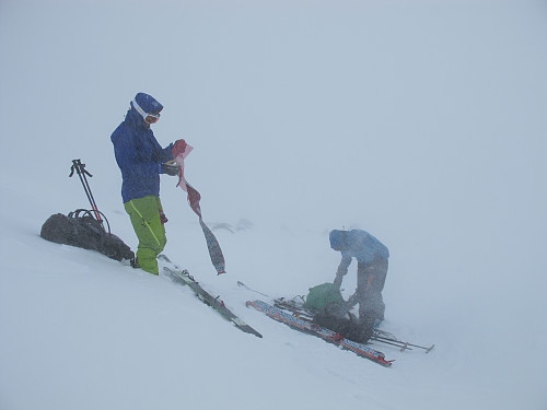 Brit Siv og Marion  Ikkje heilt enkelt å få fellane skikkeleg på plass i sterk kuling og snødrev....