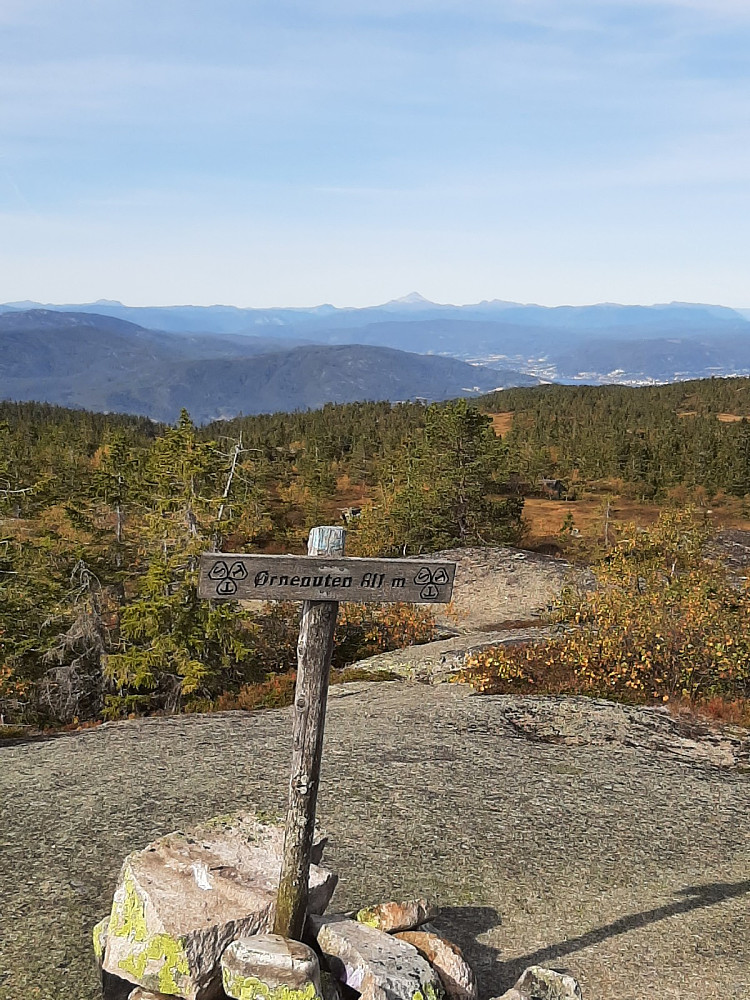Toppen er nådd. Gaustatoppen skimtes i bakgrunnen.