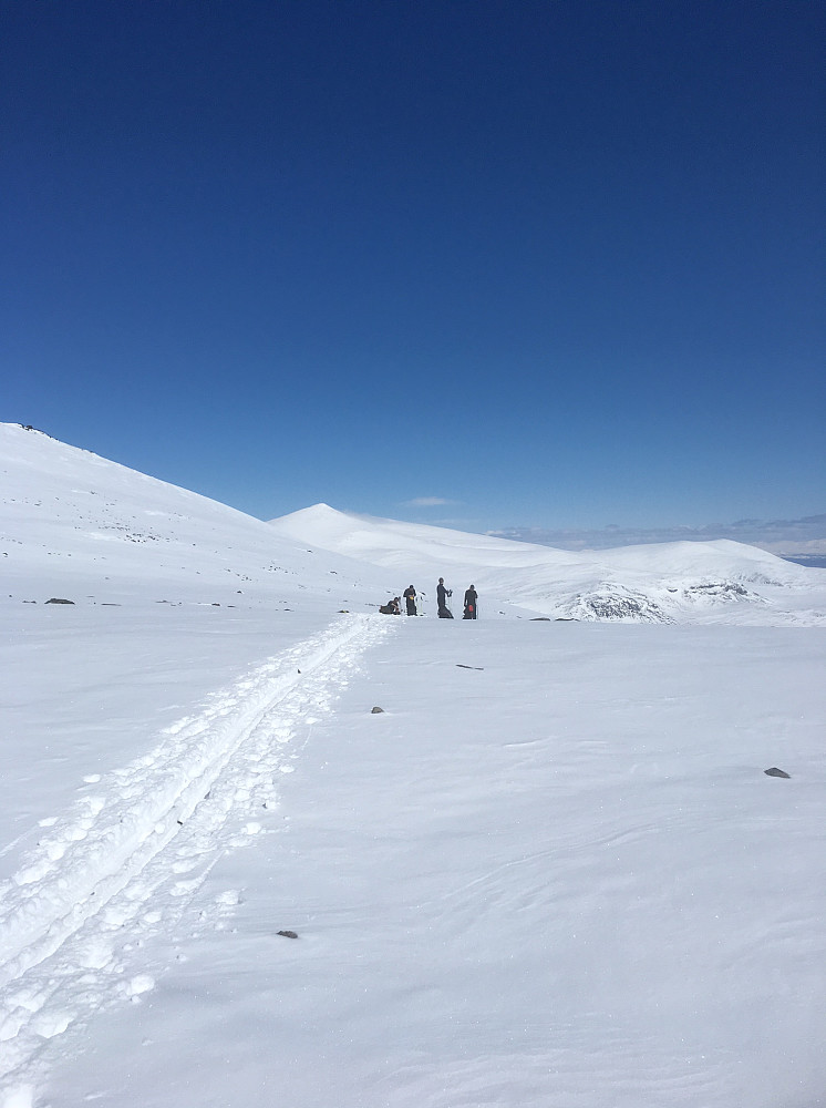 Fra platået på ca 1800 moh med Kollhøin til venstre og Nautgardstind bakerst i midten. Her ble det en god matpause og solbading mens fellen tørket opp litt.