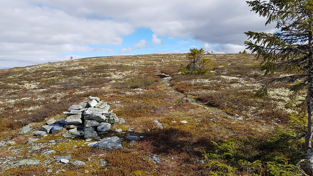 Der stien tok av opp mot toppen var det en steinhaug som markerte stikrysset