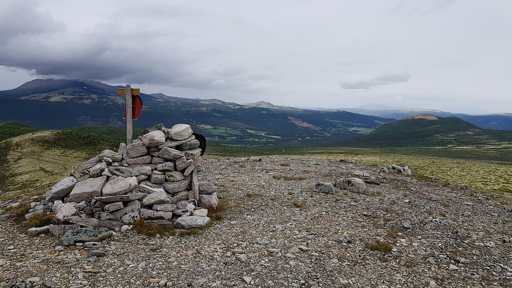 Etter en tur gjennom bjørkeskogen og siden på mosedekket fjell, kom jeg til toppen. Her ned mot Folldal og med skyer over Storhøe som er dagens hovedtopp