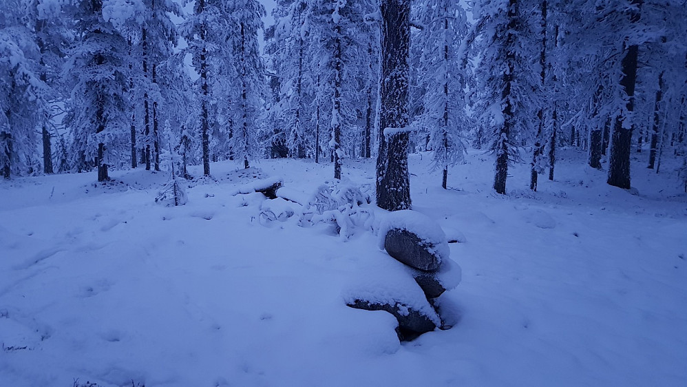 Dagslyset var på hell når jeg kom opp på toppen. Her var det sammenraste rester etter et tårn og en liten stein markering