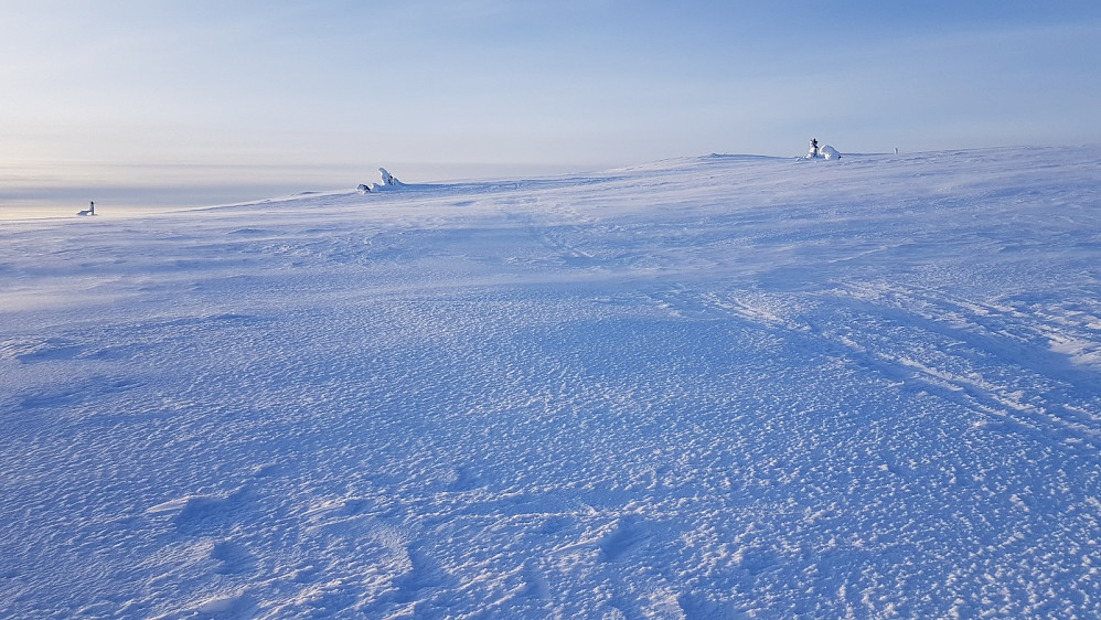 Høyere opp tok vinden godt og snøen drev som et hvit teppe over ryggen
