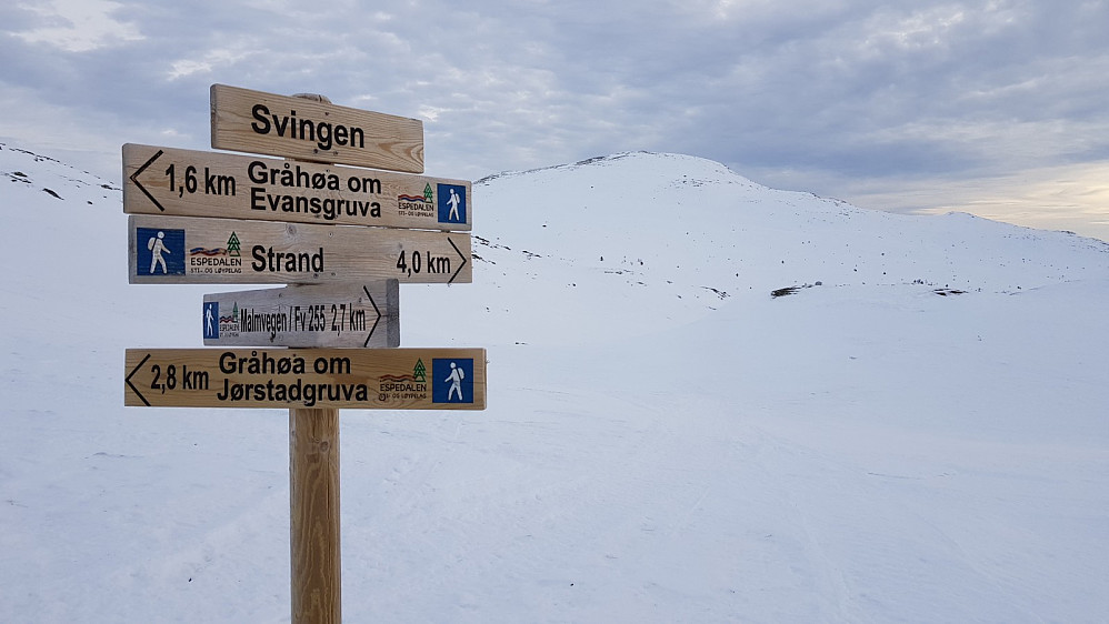 Skilt i stikryss der stien kommer opp på fjellet