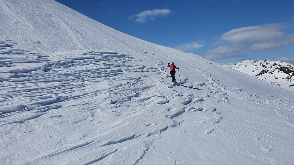 Da var vi på tur opp fjellet under flotte forhold. Her gjaldt det å kante skiene så stålkantene fikk tak i den harde snøen