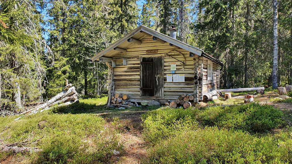 Flott liten tømra hytte i skogen