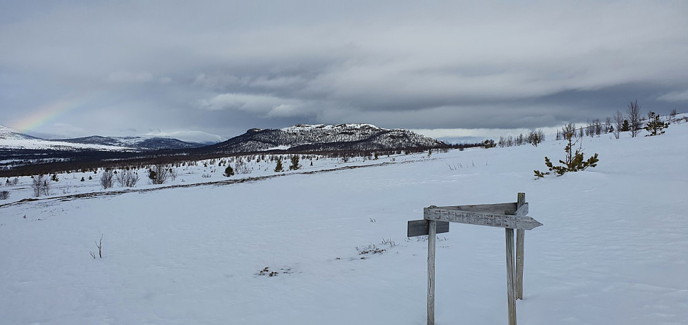 Skilt ved stiskillet oppe i lia og med Snubbhøa i bakgrunnen