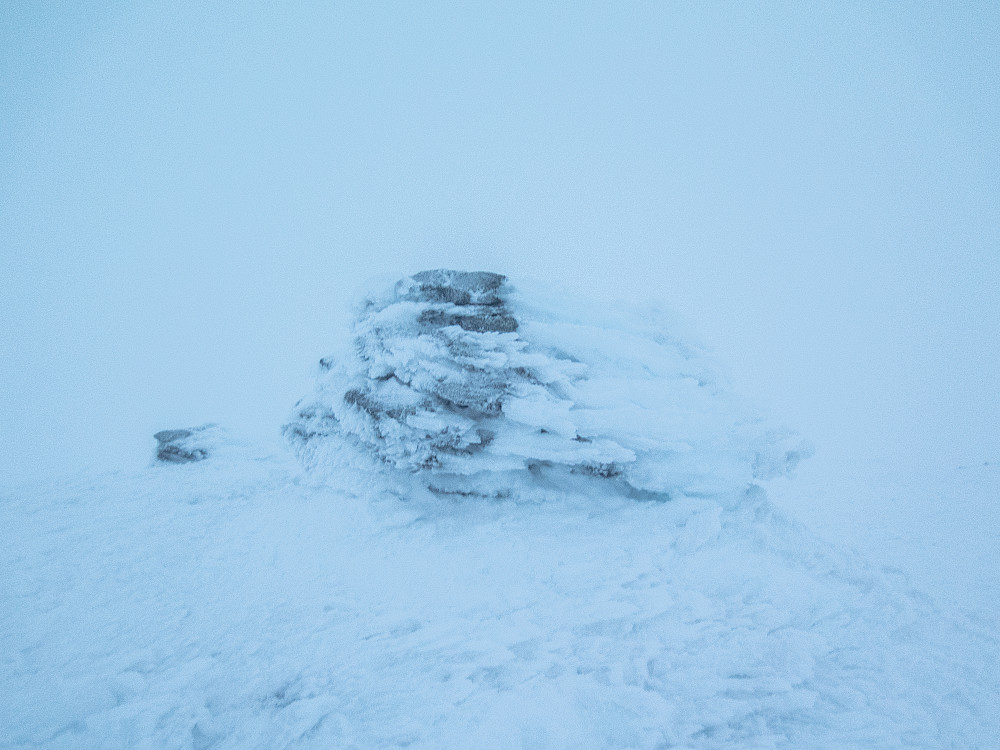 Sørtoppen på Fagerfjellet. Det ble med et klapp på varden og et raskt bilde før jeg startet på returen. Her oppe var det ikke mye å se.