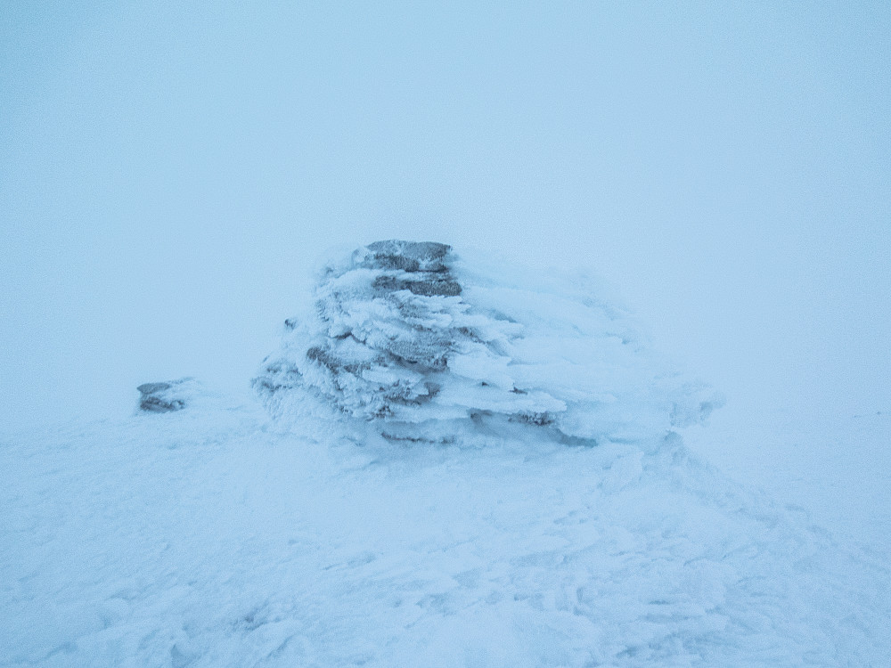 Sørtoppen på Fagerfjellet. Det ble med et klapp på varden og et raskt bilde før jeg startet på returen. Her oppe var det ikke mye å se. 