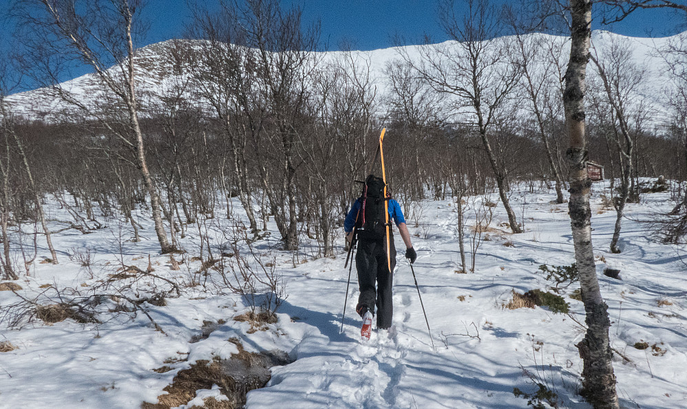Vi bar skiene på sekken opp stien ved Fjellvegen