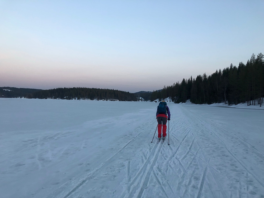 Kanonføre over Bjørnsjøen. Is og ettermiddags-skare gjorde at vi fikk et bra tempo med staking over her