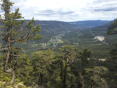 Utsikt fra toppen mot bl.a. Trillhus (nede ved elva) og Trillhustippen (grustaket til høyre).