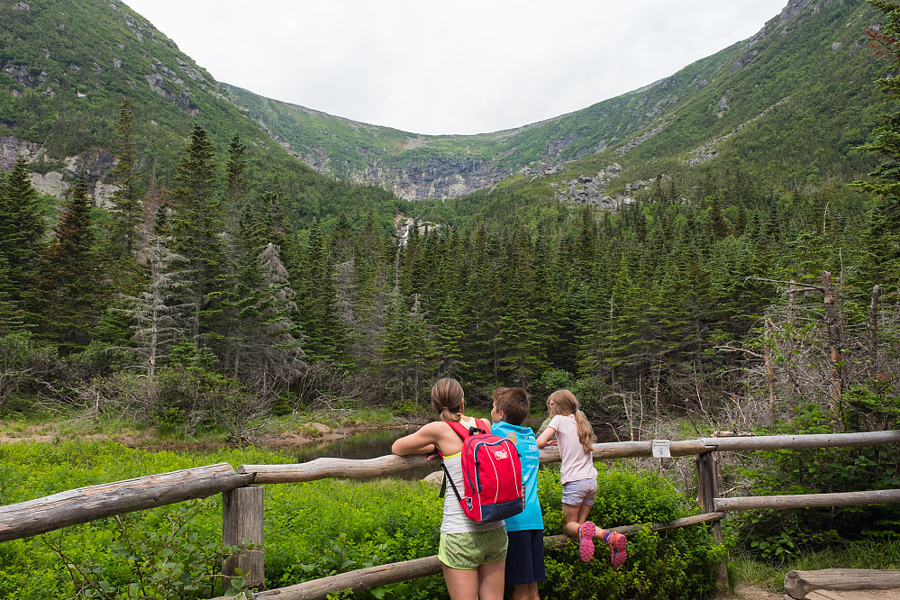 Tuckerman's Ravine Trail fortsetter rett opp i ravinen i bakgrunnen, i høyre kan av skrenten midt i bildet.