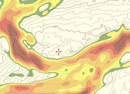 Screenshot fra nye rasterkart som viser at vestre topp er 60 cm høyere enn østre.