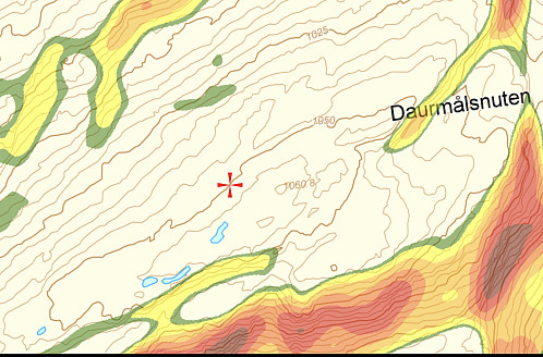 Screenshot fra nye rasterkart som viser at vestre topp er 60 cm høyere enn østre.