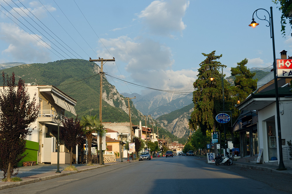 The main street of Litochoro with Olympus in the background