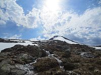 Mye smeltevann i terrenget. Det lange snøfeltet langs nordkammen av Geitadalstind kan sees i bakgrunnen.