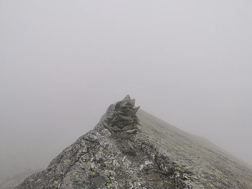 Toppen av Fuglafjellet, 1334 moh. Godt jeg har vært på alle fjellene rundt, så jeg vet hvordan utsikten skulle ha vært.