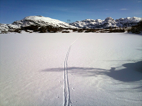 Isen var ennå trygg over Heiavatnet 554 moh. Såta og Fuglafjellet bak.