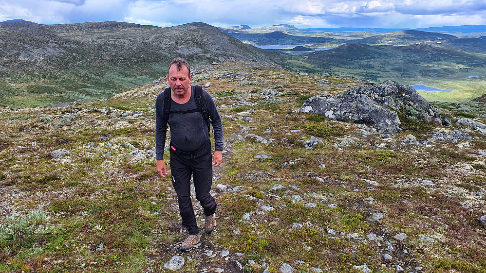 Et lite flatt område før toppen. Ser sørøstover. Trolig Leppkampen og Ongsjøfjellet bak, og lengst til høyre Synnfjell/Spåtind.