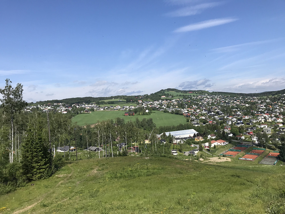 Ser hjem fra toppen av Hovdebakken. Bergstoppen bak. Jordene tilhører Sogstad, Torke, Nerby og Berg.