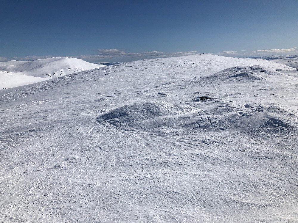 Utsikt til toppvarden på Leinenøse fra topplatået.