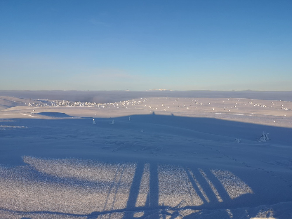  Det stakk opp topper rundt omkring, tåka lå ca på 900-970 moh. Tåka kom og gikk litt. Rendals-sølen midt i bildet