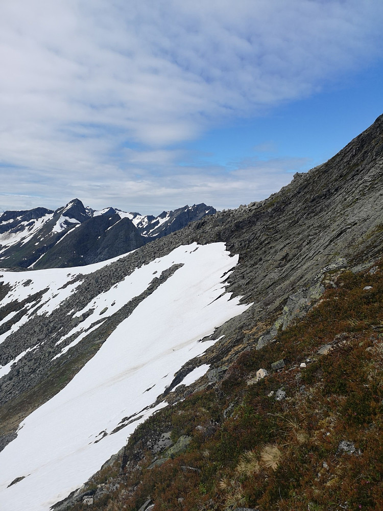 På tur til Sandfjellet klarte jeg å miste stien. Det var nok såpass tidlig i sesongen og det hadde vært mye snø, så det var ikke merket for sesongen. Jeg kom på oversiden av denne snøflanken. Der var det mye brattere enn bildet viser, også var det glatt og sleipt. Det var heller ikke fristende å rutsje mellom snøen og berget. Det var godt å få tørt berg under skoa igjen