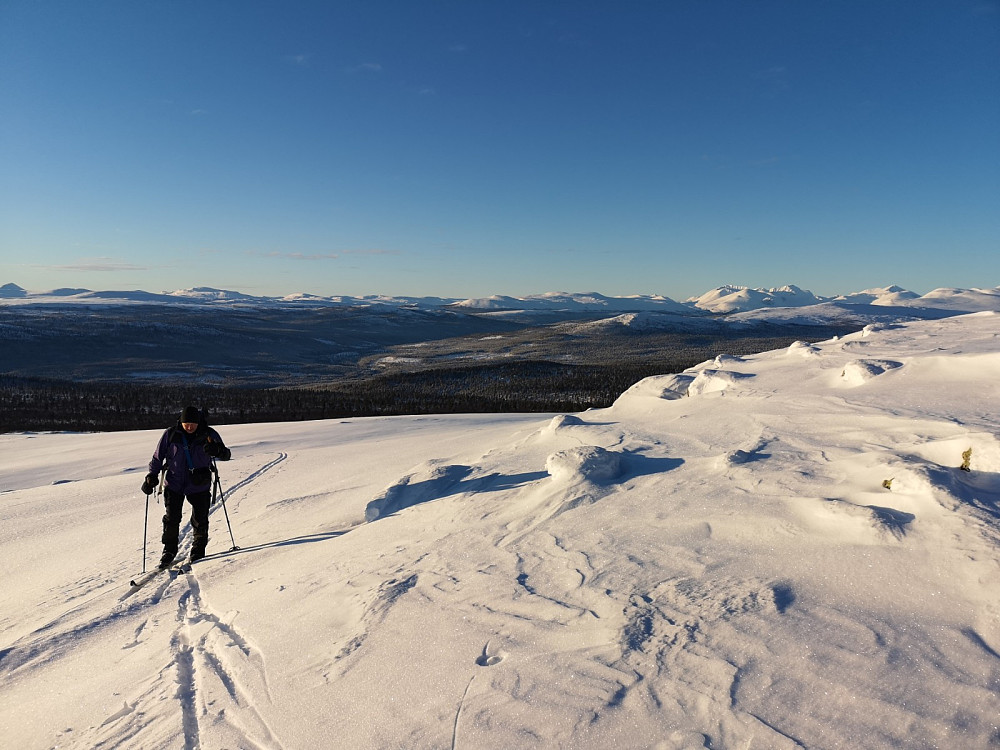 Vi nærmer oss toppen på Gråhøgda, Rondane i bakgrunnen til høyre