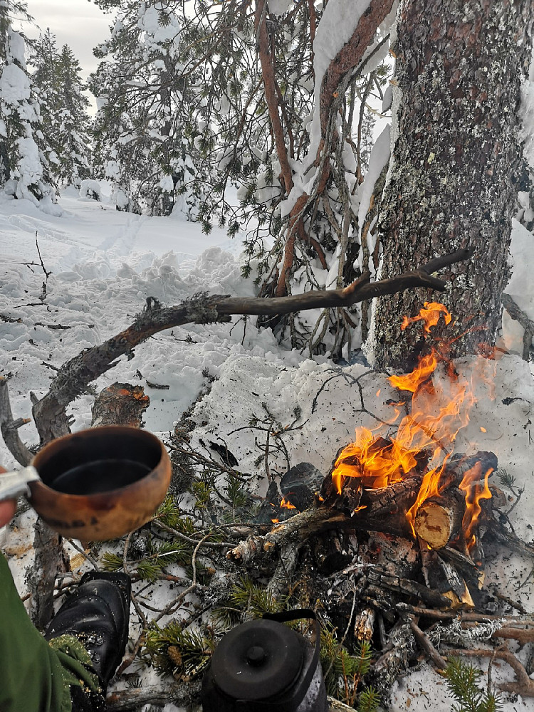 Det var meldt blå himmel og sol på yr.no men jeg ble møtt av sur nordavind og lett snøvær som kom vannrett igjennom lufta. Da var det godt å finne ly, og gjøre opp et skikkelig bål. Kaffen smakte som vanlig fortreffelig