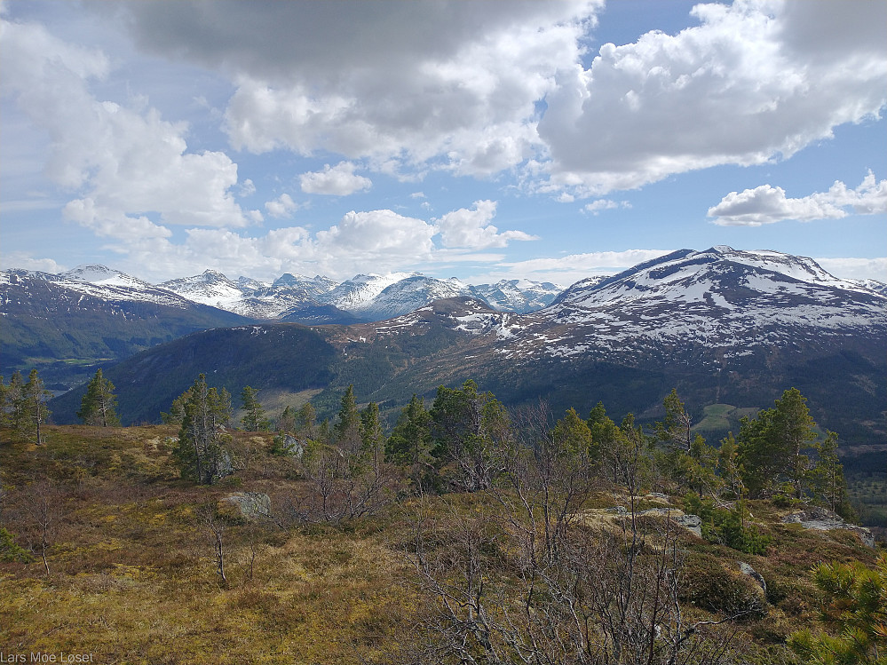 Utsikt sør-østover mot Trollheimen og Innerdalsfjell. Skarfjellet og Trolla lengst bak.