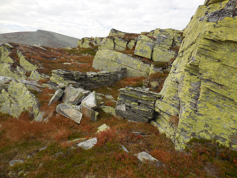 Rester etter gammel steinbu (eller forseggjort bågåstille?) på sørryggen av Steinbudalshøa. Skjerellfjellet i bakgrunnen.