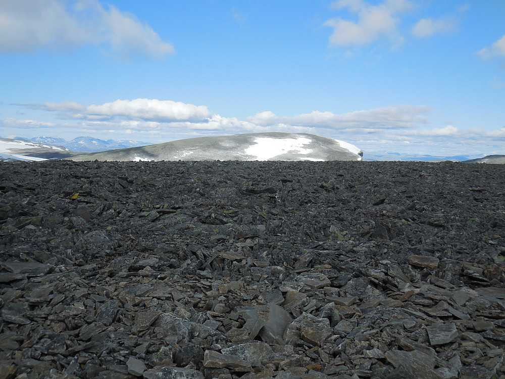 Mye stein på toppen. Gråhøe, norges mest ensomme totusenmeter, i bakgrunnen.