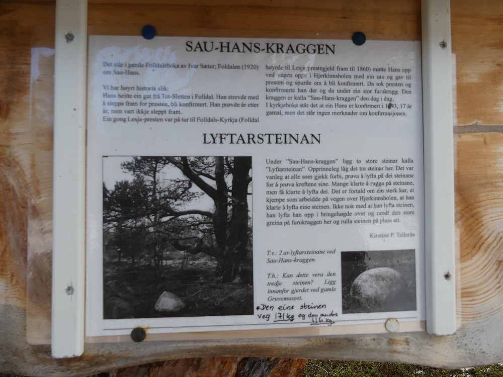 Infotavle om Sau-Hans-Kraggen og Lyftarsteinan.