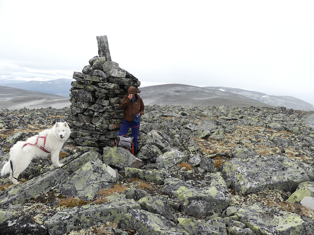 Den store varden på Nordøst for Leirungshøi, 1810 moh. gir ly for en kort stopp. Leirungshøi i bakgrunnen.