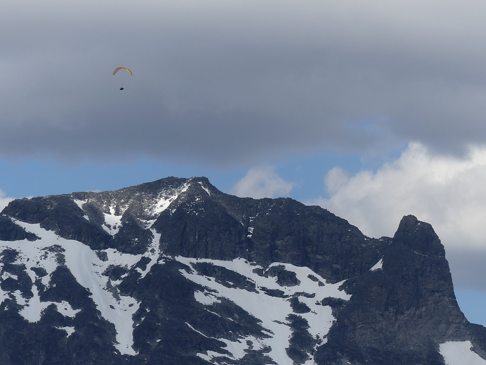 Det er ikke bare ørn i lufta i dag. Her en paraglider over Skardstinden.