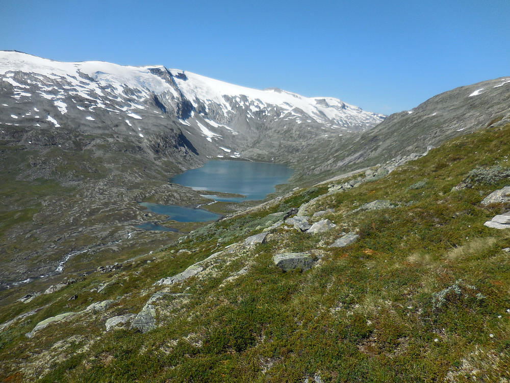 Innerst i Grasdalen ligger Grasdalsvatnet. Breen i bakgrunnen er Skjerdingdalsbreen.