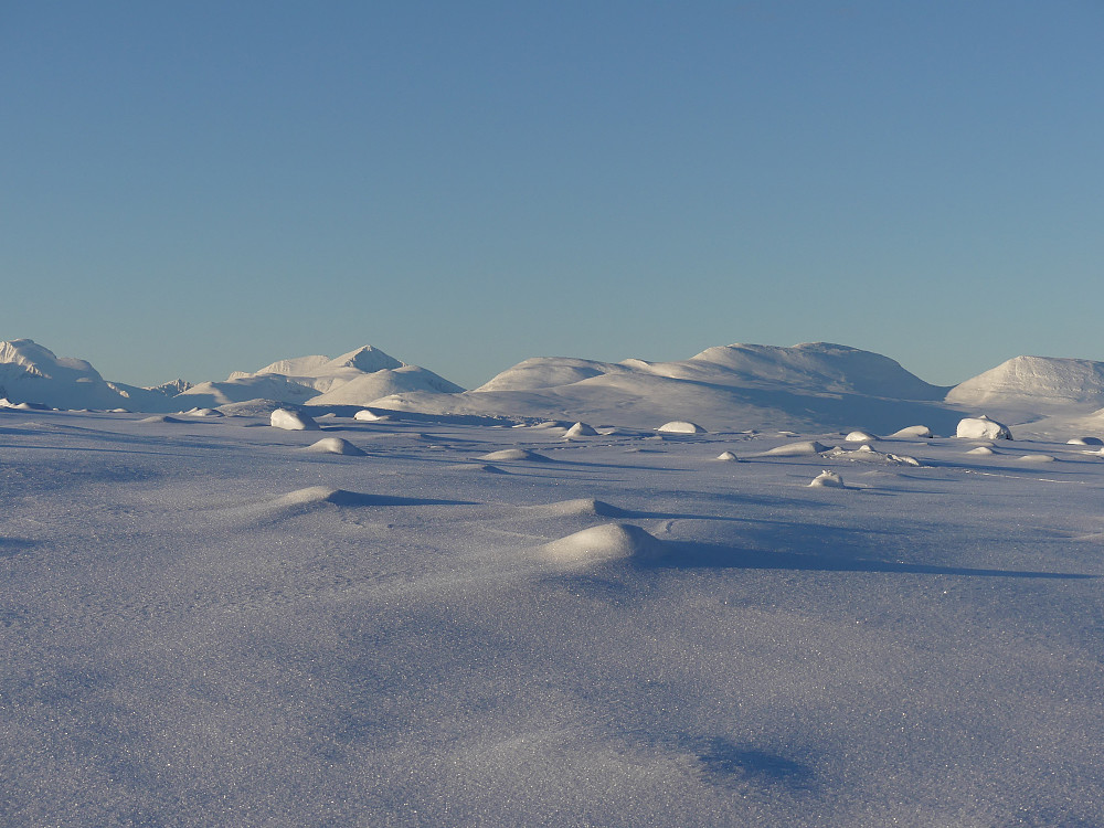 Da vi når foten av Gråhøgda dukker Rondane opp i all sin prakt. Fra venstre: Storronden, Vinjeronden, Rondslottet, Nørdre Smedhamran, Midtronden og Høgronden.