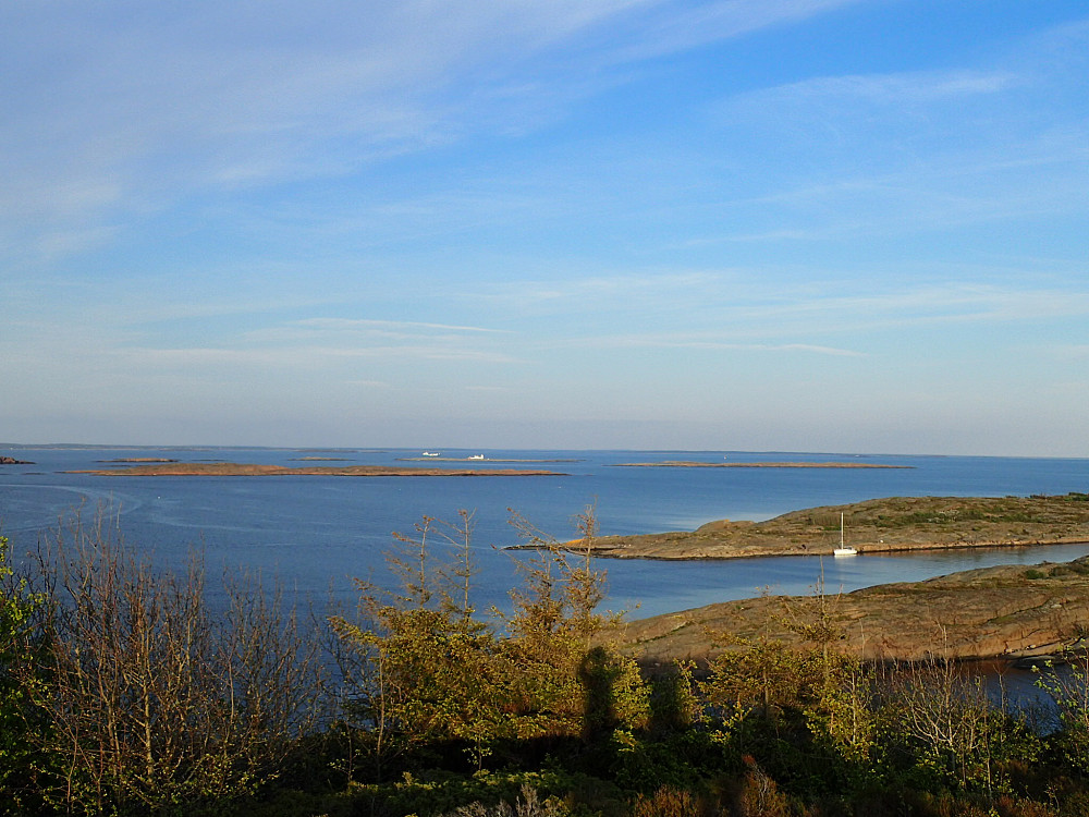 Fra toppen av Skjellerø. En enslig seilbåt på Hui og Fulehuk fyr lyser hvitt i kveldssola.