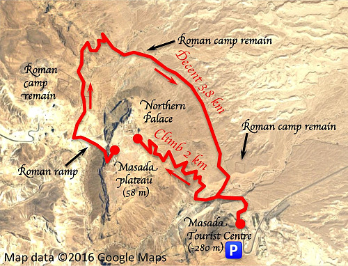 Satelitt-bilde fra Google Earth med Endomondo-trackingen fra hhv. turen opp og turen ned igjen. Restene av de romerske forlegningene fra beleiringen av Masada er fortsatt synlige på alle kanter; i terrenget så vel som på sattelittbilde.