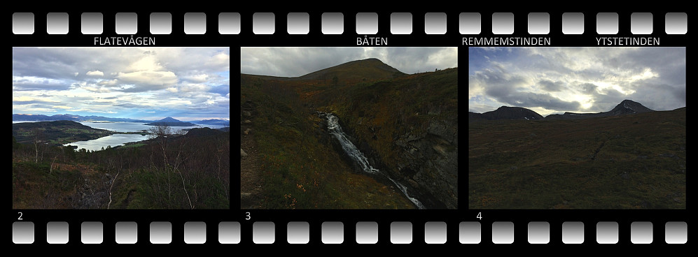 På vei opp fra parkeringsplassen i Flatebygda. 2) Utsikt over Vestnes og Flatevågen. 3) Fjellbekk med fjellet "Båten" i bakgrunnen. 4) Remmemstind til venstre og Ytstetind til høyre. 