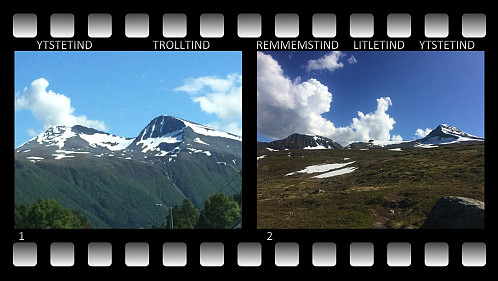 1) Ytstetind (til venstre) og Trolltind
fotografert fra bilen mellom Fiksdal og Tomra på vei til Flate, hvor turen gikk fra. 2) Remmemstinden til venstre og Ytstetinden til høyre. Knausen midt på bildet kalles gjerne Litletind, men er en del av Ytstetind, og regnes ikke egentlig som et fjell i seg selv. Bildet er tatt fra stien et stykke ovenfor Flatesetra.