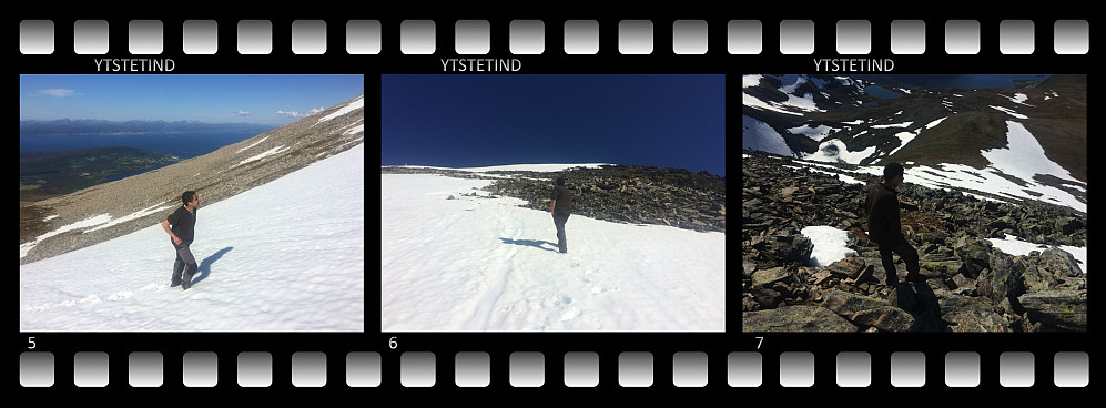 5) Snø på vei opp til Ytstetind. Furlandet og Molde i bakgrunnen. 6) Snø også på topp-platået. Varden skimtes såvidt på toppen 7) Det er bratt og steinete opp til Ytstetind. Her fra turen ned igjen.