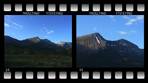14) Trolltind (til venstre) og Ytstetind sett fra Skorgedalen ["Ørskogfjellet"]. 15) Samme motiv, men zoomet en anelse inn: Trolltind og Ytstetind med traversen imellom. Disse bildene tok vi på vei hjem over Ørskogfjellet samme dag. Dette er på en måte solsida, og det var derfor mye mindre snø enn på nordsida av fjellene.