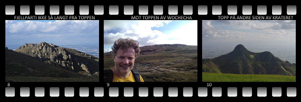 8) Fjellparti nær toppen av Wochecha. 9) Selfie med toppen i bakgrunnen. 10) Det er lett å se, både på kart og i terrenget at Wochecha er en gammel vulkan. Mye av fjellet er for lengst erodert vekk, men toppene ligger fremdeles slik at de omkranser det gamle krateret. Denne artige formasjonen ligger på andre siden av krateret, rett ovenfor Wochecha-toppen; og er ikke fullt så høy som toppen jeg står på.