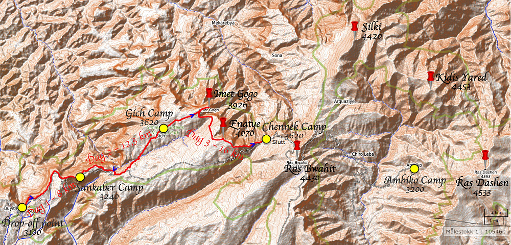 #7: Map showing the path of our trek. The first day we trekked from our drop-off point where the driver dropped us off, to the first camp site, which is called Sankaber. Next day we carried on to Gich, which was the second camp site. A substantial part of the trek went along the steep escarpment between the mountains and the lower "Lowland" beneath it, and we visited a number of beautiful viewpoints along the route; but only on the third day did we summit any mountain peaks, namely Imet Gogo (3926 m.a.m.s.l.) and Enatye (4070 m.a.m.s.l.). The third night we camped at the Chennek camp site, which is the third camp site from the entrance of the park.