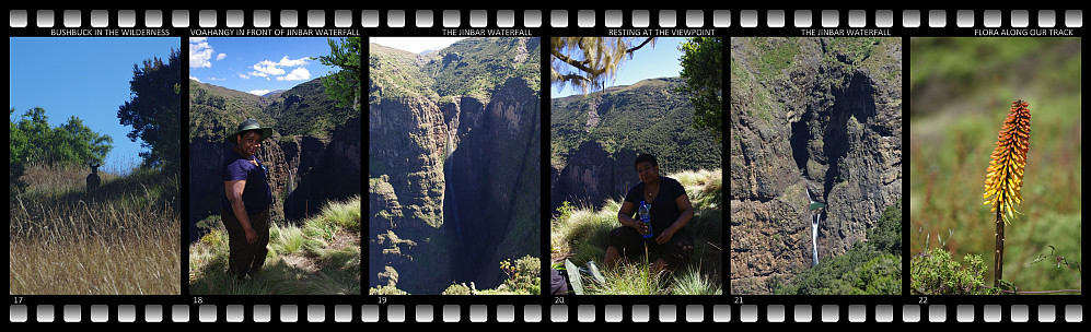 #17: A bushbuck hiding in the vegetation. #18: Beholding the Jinbar waterfall. #19: The more than 500 meter high waterfall on the Jinbar river. #20: A short break at the Deche Nedala viewpoint, where you have an amazing view of the Jinbar waterfall. #21: View from the road just across the waterfall. From this point you may see a beautiful little pond in the river, just above the waterfall. #22: A local flower usually called "Hot Red Poker".